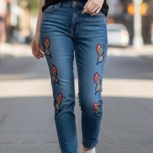 Rocks & Indigo Womens Jeans Blue Butterfly Embroidered Distressed Hem Size 12/30